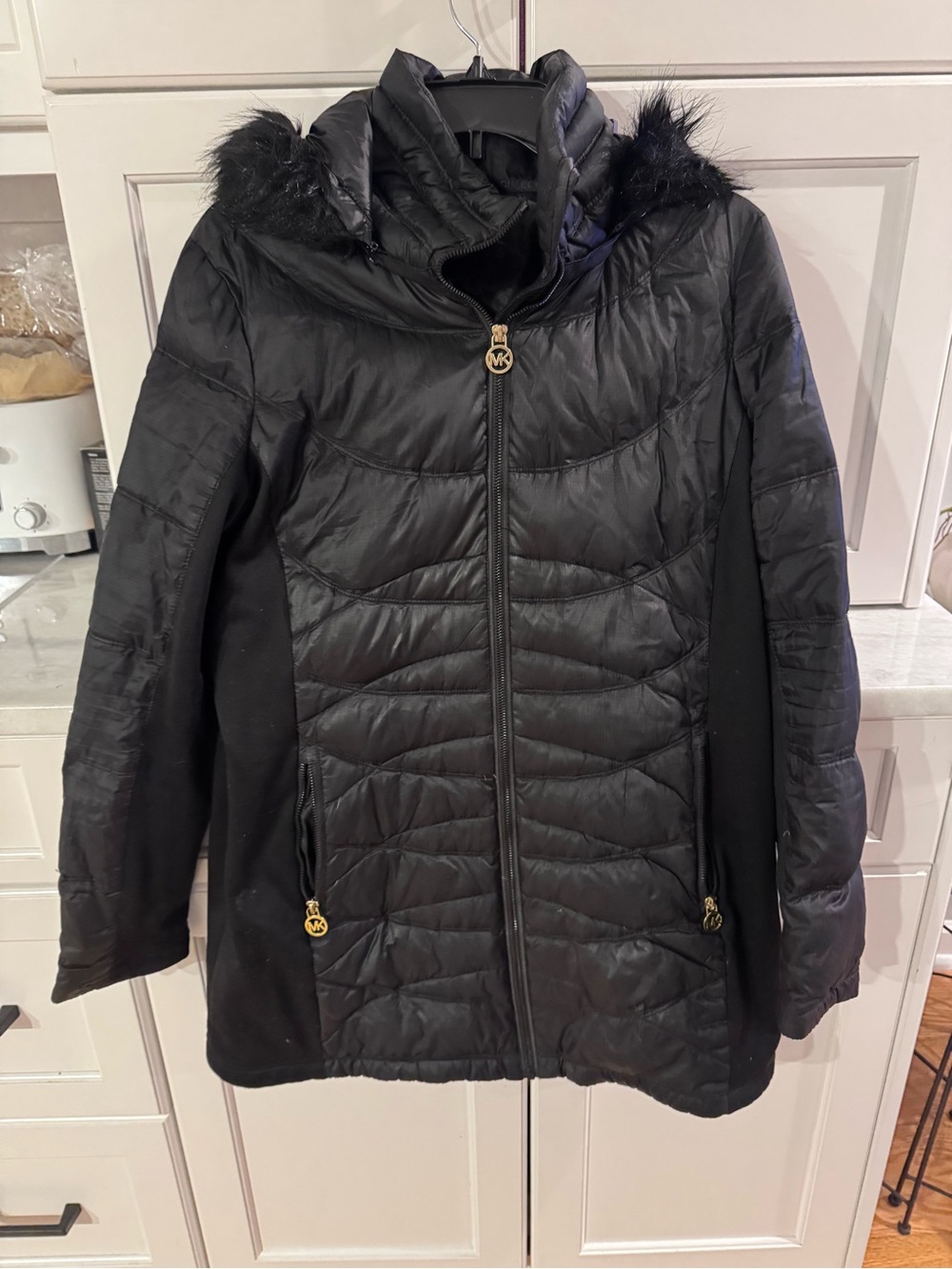 Michael Kors Black Quilted Hooded Puffer Jacket with Faux Fur Trim